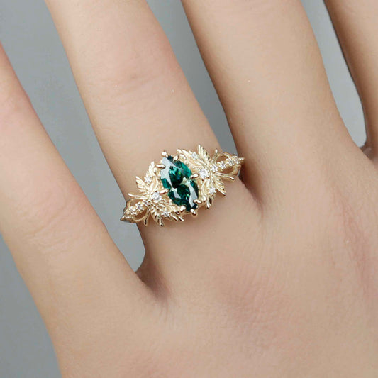 Bague de fiançailles Libellule en Or 18 carats avec Moissanite vert forêt 10x5mm et Diamants naturels