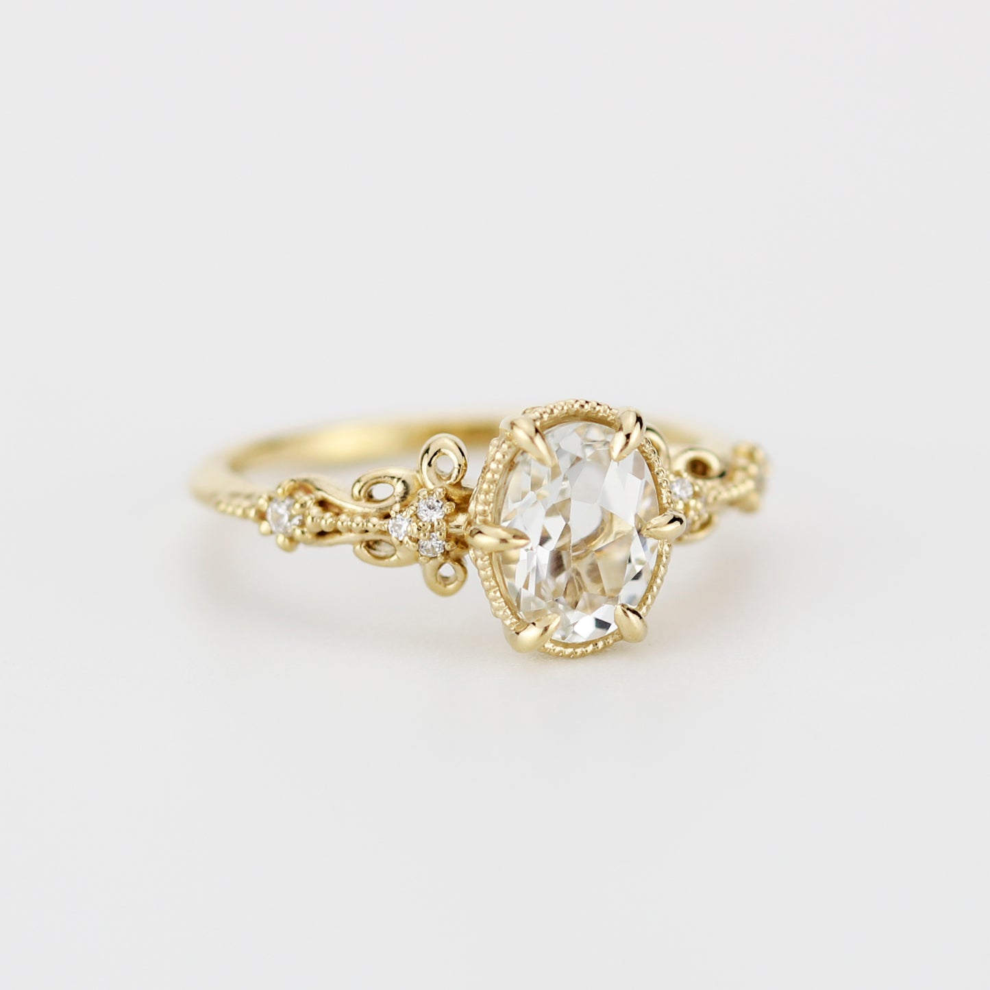 Vintage Art Deco 18k Gold Engagement Ring - Oval White Topaz & Diamonds