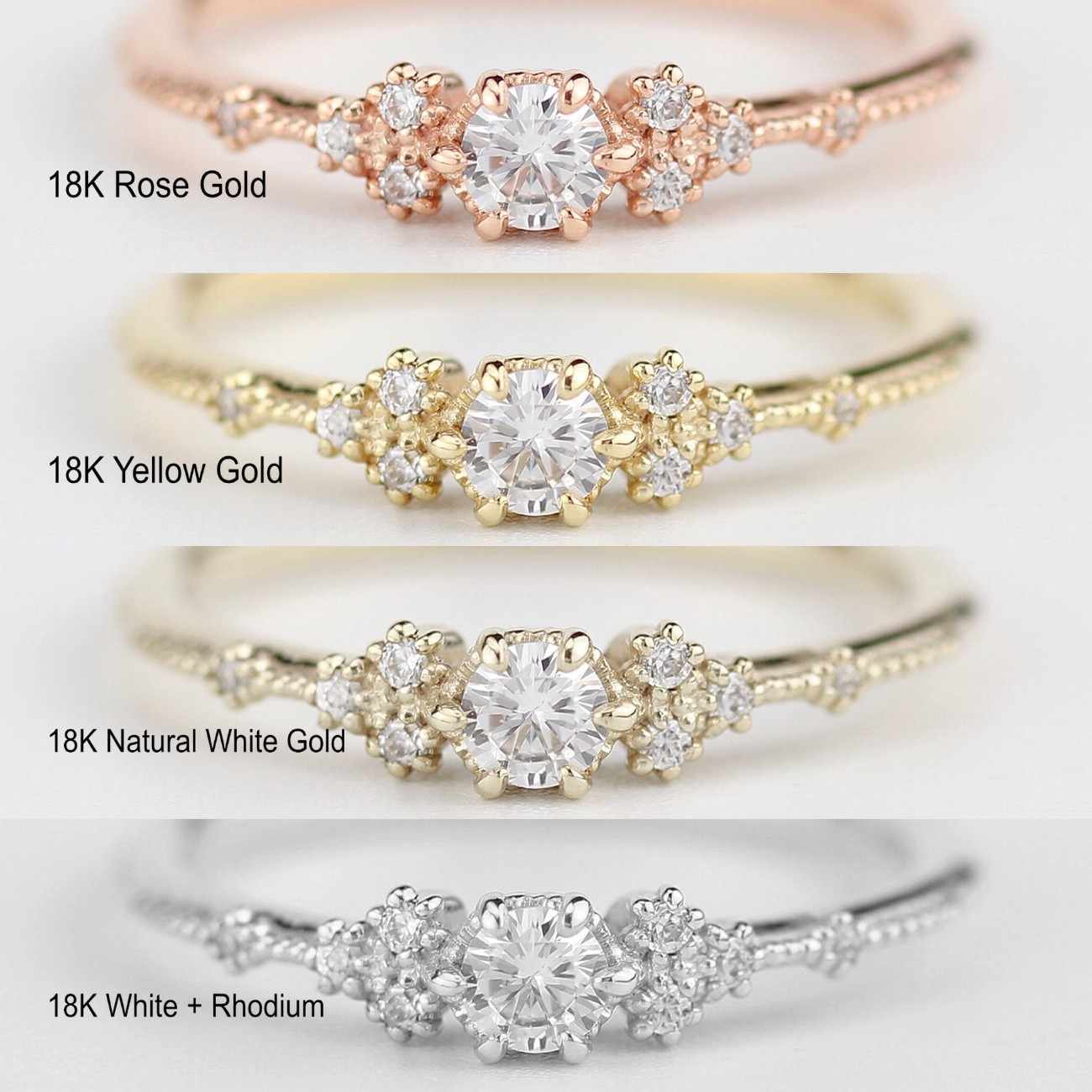 Comparison of Nooi Jewelry engagement ring in four metal options: 18K rose gold, 18K yellow gold, 18K natural white gold, and 18K white gold with rhodium plating, each featuring a round center stone with sparkling side diamonds.