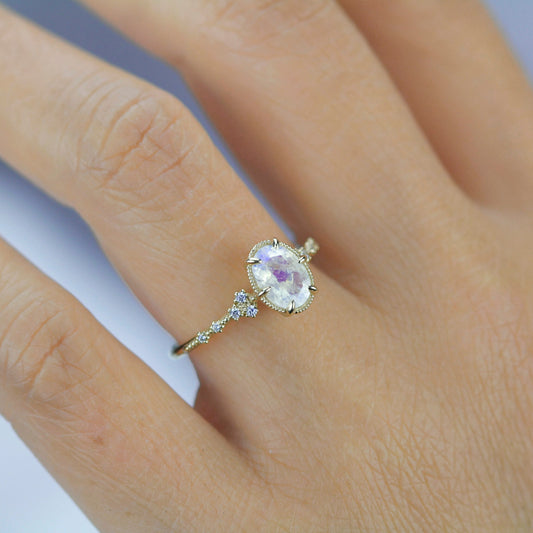 Oval moonstone and diamond engagement ring, 18k simple gold ring, unique unique moonstone ring