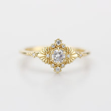 Load image into Gallery viewer, VINTAGE White DIAMOND RING With Art Deco Leaf Perfect Gift For Anniversary Or Engagement – Antique 18k Yellow Solid Gold Gemstone Ring