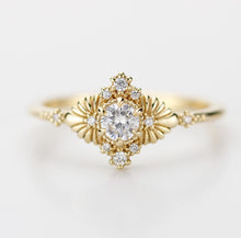 Load image into Gallery viewer, Vintage white diamond ring in 18k yellow gold with art deco leaf design, perfect for engagement or anniversary, antique-inspired elegant gemstone ring