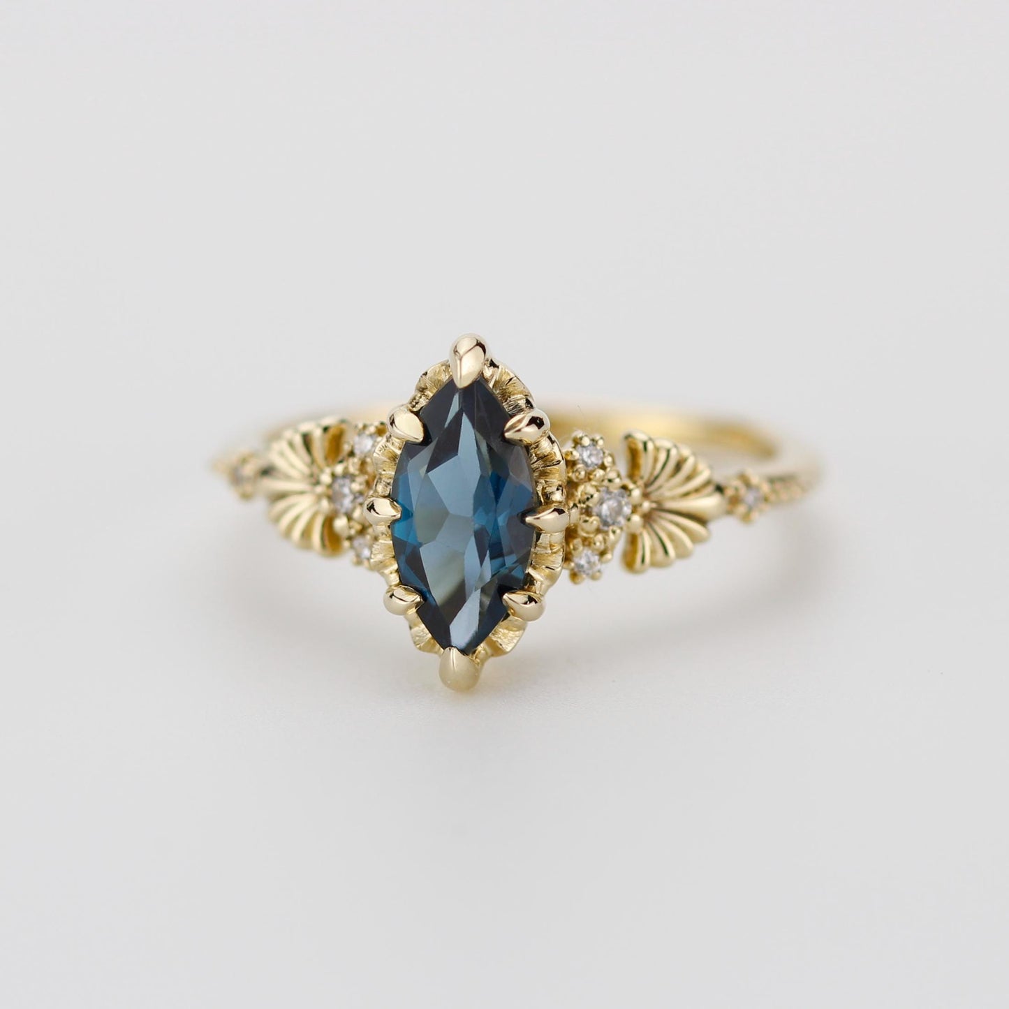 Marquise London Blue Topaz engagement ring, vintage-inspired gold ring with diamonds, art deco gemstone ring