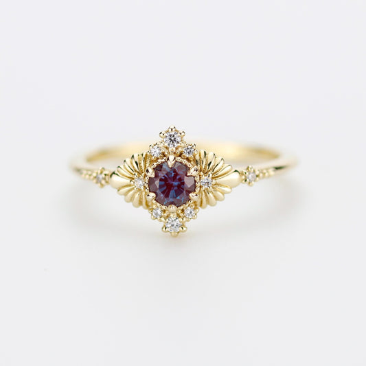 Vintage inspired Alexandrite engagement ring, Lab-created Alexandrite and diamond, 18k gold diamond rings.
