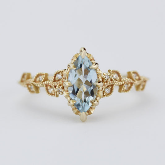 Marquise Aquamarine Ring with Natural Diamonds - Filigree Leaf Design in 18K Gold