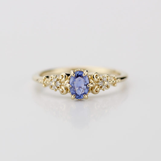 Oval blue sapphire and diamond engagement ring, vintage style engagement ring 18k gold