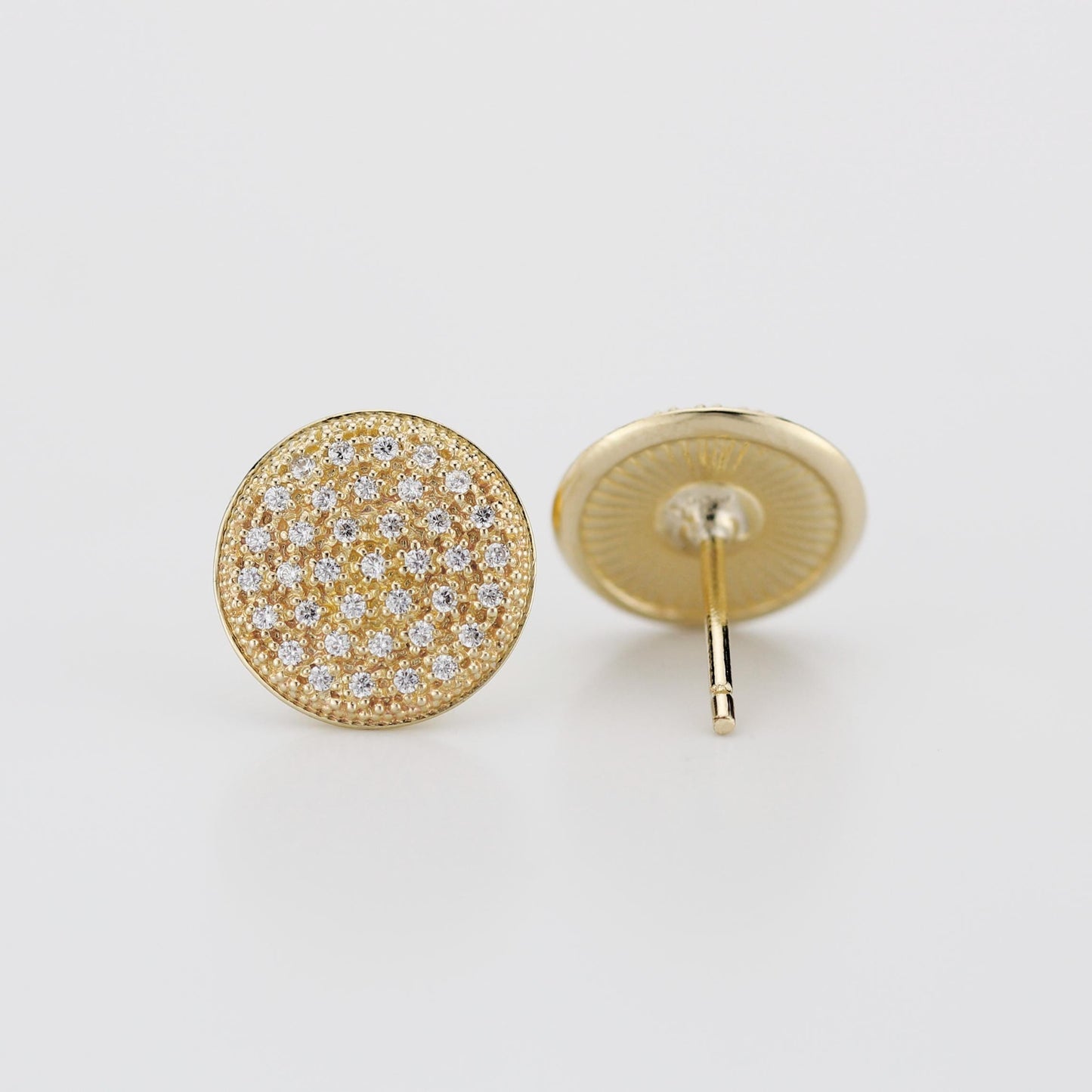 Pave Diamond Stud Earrings 18k Gold : Dainty Round Discs