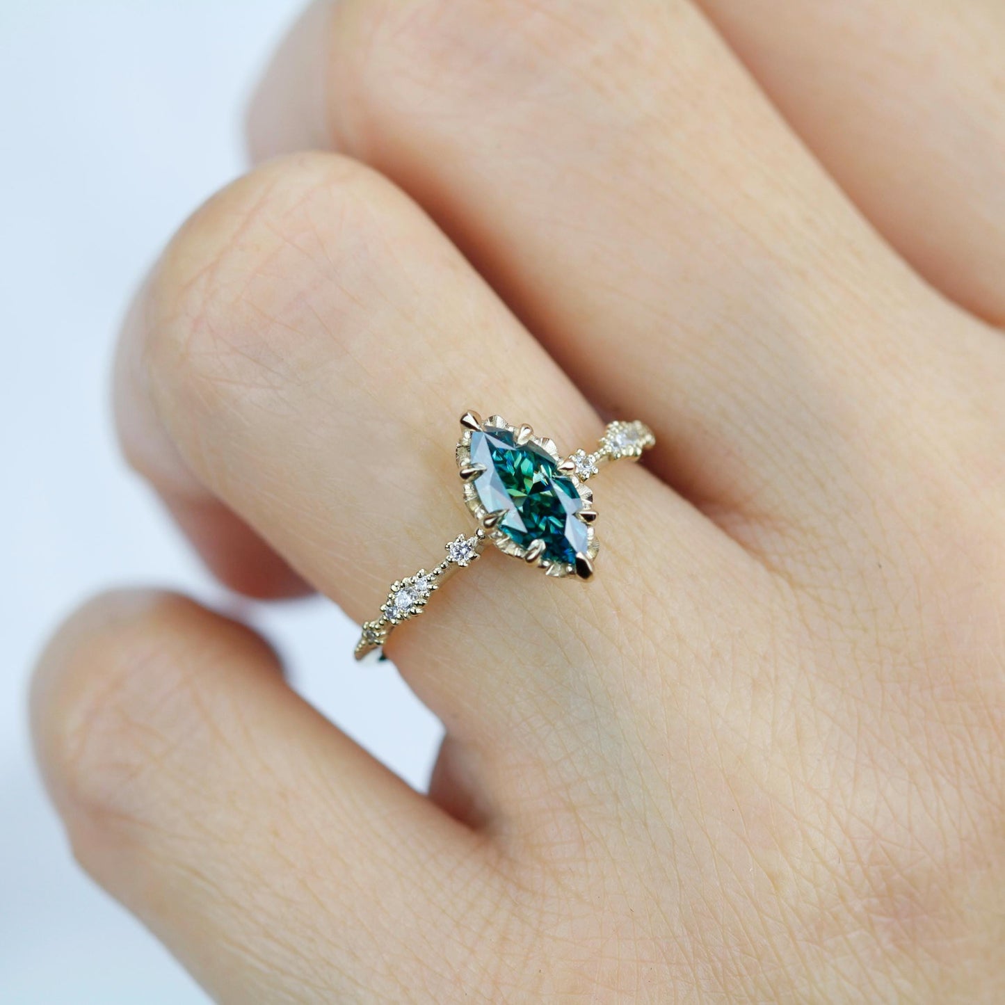 Marquise Cut Teal Green Moissanite Ring with Diamond Accent in 18k Gold