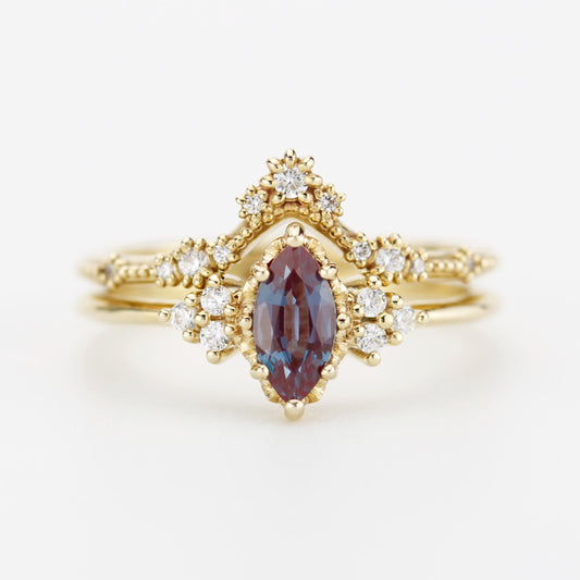 Alexandrite Engagement Ring Set | Marquise Cut with Lace Diamond Band | 18k Gold | Color Change Gemstone | Custom Bridal Ring Set