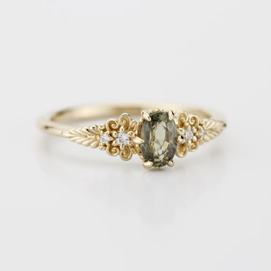 Vintage style Oval Engagement Ring, art deco olive green sapphire and diamond engagement ring, 18k gold ring