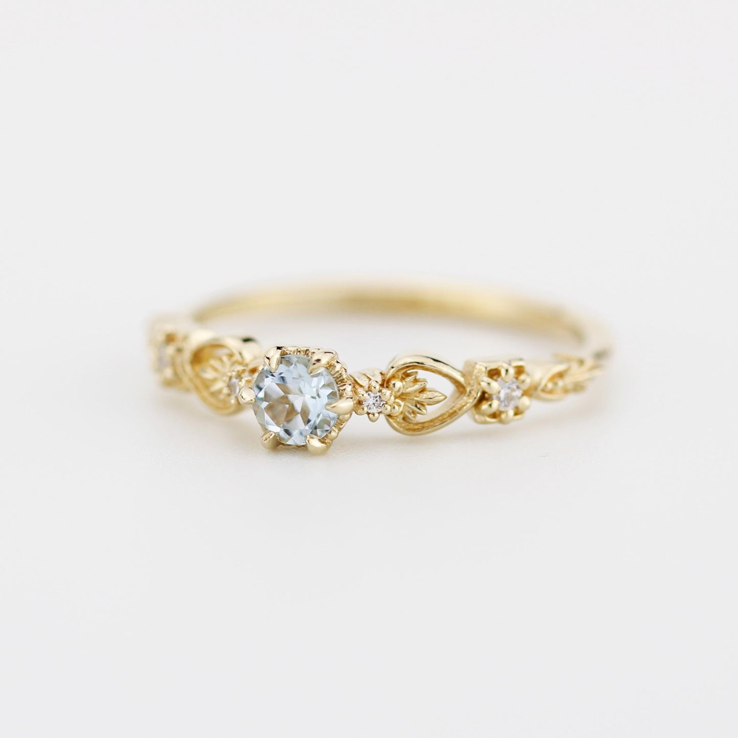 Nature-Inspired Gold Engagement Ring with Diamonds, Botanical Aquamarine Ring, 18K Handmade Gemstone Jewelry, Floral Promise Ring