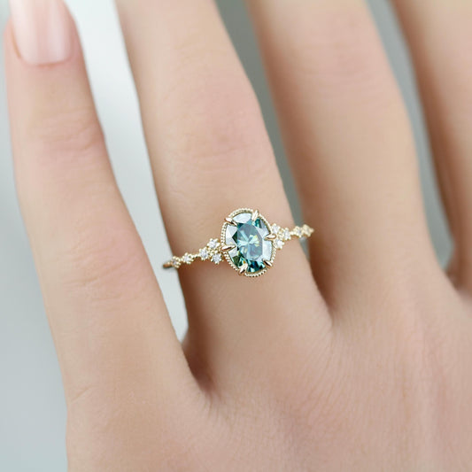 Oval Moissanite Engagement Ring 18K Gold , 8x6mm Oval green Certified Moissanite, Natural Diamond Accent Ring, Vintage-Inspired Fine Jewelry