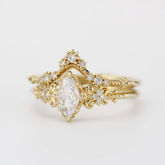 Vintage Marquise Moissanite Engagement Ring and V-Shaped Diamond Wedding Band Set | 18k Yellow Gold | Antique-Inspired Bridal Ring Set