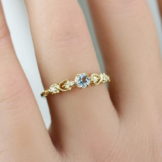 Nature-Inspired Gold Engagement Ring with Diamonds, Botanical Aquamarine Ring, 18K Handmade Gemstone Jewelry, Floral Promise Ring