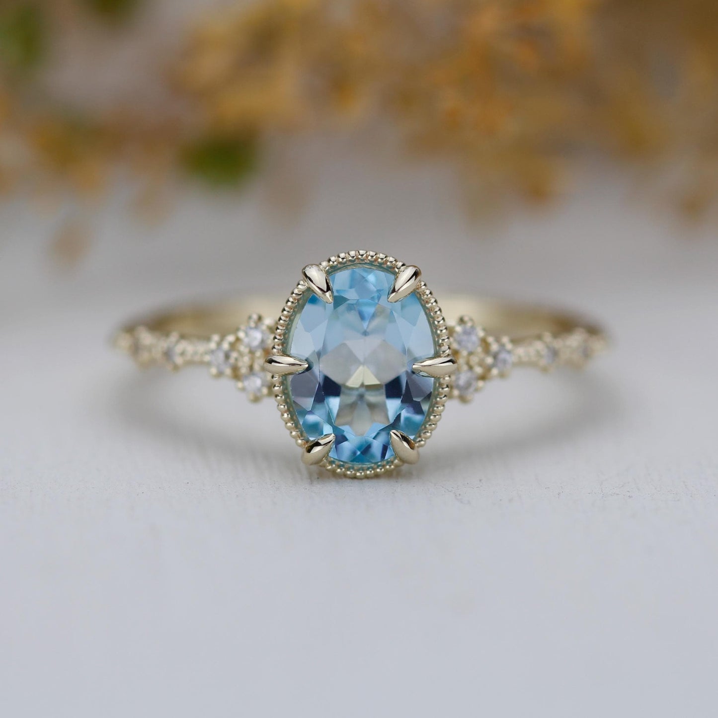 Dainty Blue Topaz Engagement Ring, Oval Sky Blue Topaz and Diamond Ring, 18k Solid Gold Minimalist Ring, December Birthstone Promise Ring