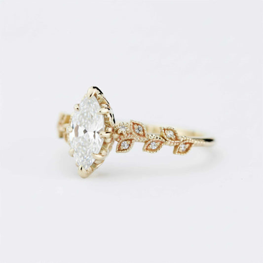 Bague Feuille Moissanite Marquise 10x5mm Certifiée | Or 18 carats et Diamants