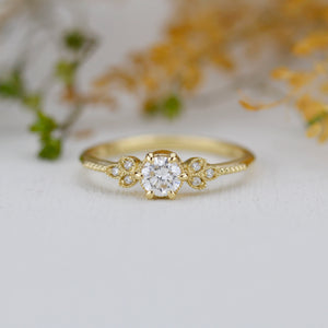 Round diamond engagement ring, art deco engagement ring - 0.3 ct diamond GIA certificated