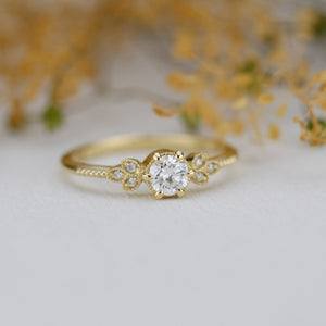 Round diamond engagement ring, art deco engagement ring - 0.3 ct diamond GIA certificated