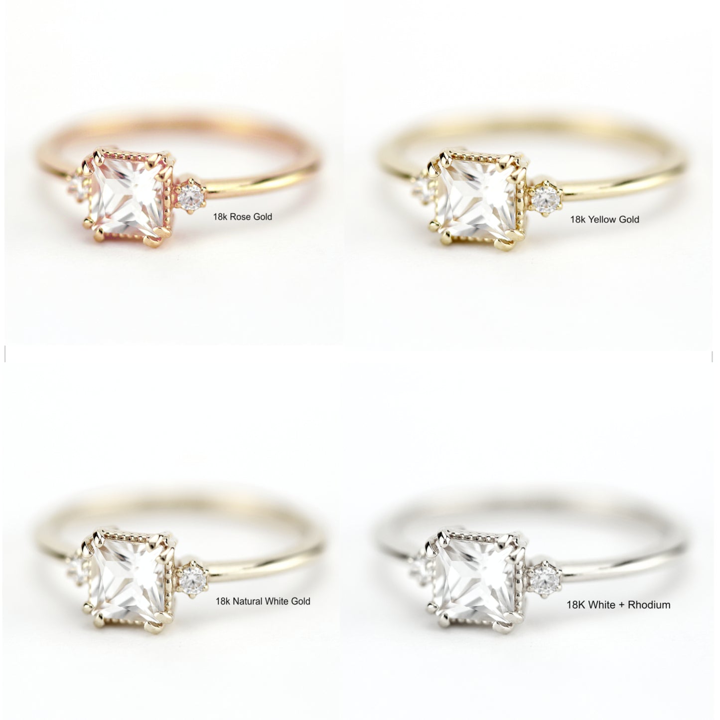 Dreisteinring mit weißem Topas im Prinzessschliff und Diamanten, 18 Karat Gold