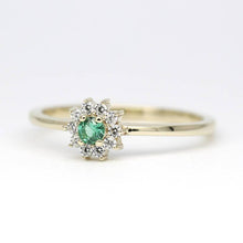 Load image into Gallery viewer, classic engagement ring with emerald and diamonds, simple ring with emerald and diamonds, gold ring and diamonds, diamond and emerald ring - NOOI JEWELRY
