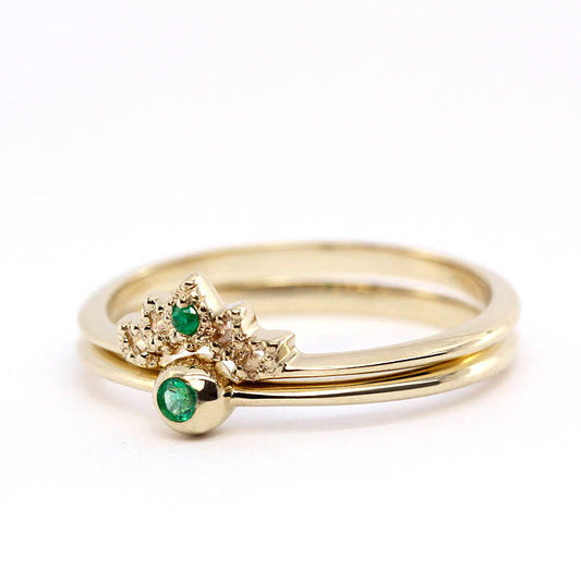 Wedding Ring Set, Curved Wedding Band, Emerald Wedding Set, Wedding Set Ring, Crown Ring, Engagement Ring, Engagement Ring Set, Bridal Set - NOOI JEWELRY