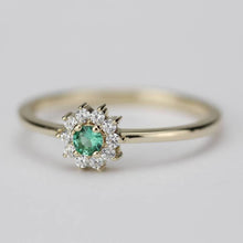 Load image into Gallery viewer, classic engagement ring with emerald and diamonds, simple ring with emerald and diamonds, gold ring and diamonds, diamond and emerald ring - NOOI JEWELRY