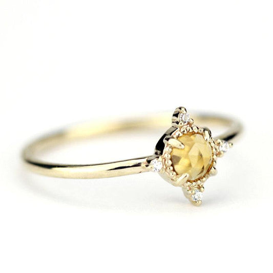 delicate engagement ring citrine and diamonds, rose cut citrine ring and diamonds - NOOI JEWELRY