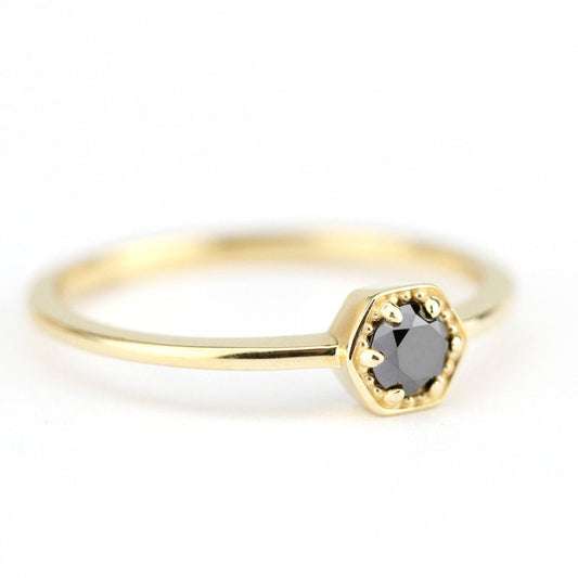 hexagon ring, black diamond ring, engagement ring, diamond ring, black diamond, gold ring, diamond engagement, promise ring, Delicate Ring - NOOI JEWELRY