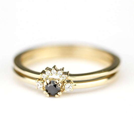 engagement ring black diamond, delicate engagement ring, unique engagement ring, minimalist ring diamond, minimal, diamond ring, curved band - NOOI JEWELRY