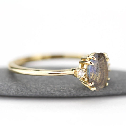 oval engagement ring labradorite with side stones unique - NOOI JEWELRY