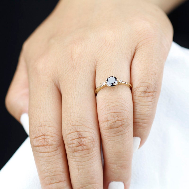 engagement ring black diamond, Black diamond ring, engagement ring , minimalist ring, delicate ring, cluster engagement, simple ring - NOOI JEWELRY
