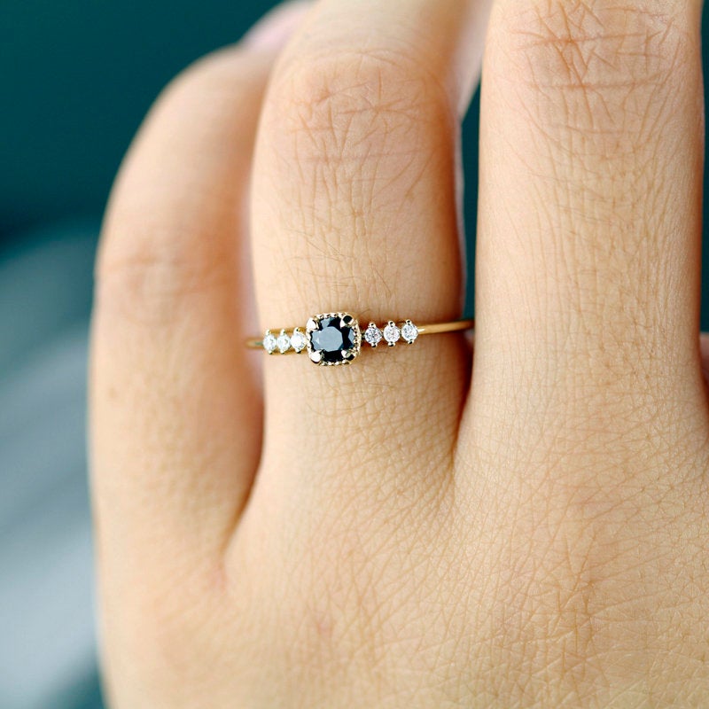 Engagement Ring, Dainty Engagement Ring, black diamond ring, Delicate Ring, classic ring, anniversary ring, minimalist ring, simple - NOOI JEWELRY