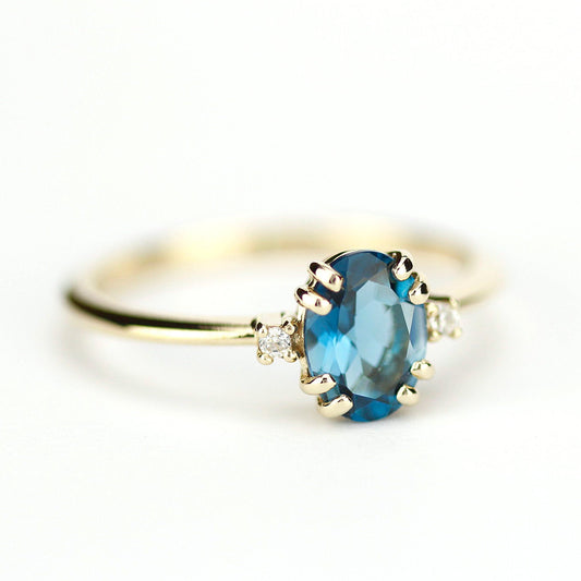 London blue topaz engagement ring oval, oval engagement ring 18k gold - NOOI JEWELRY