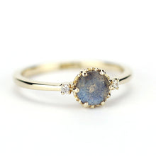 Load image into Gallery viewer, delicate engagement ring three stone ring labradorite and diamond 18k gold - NOOI JEWELRY