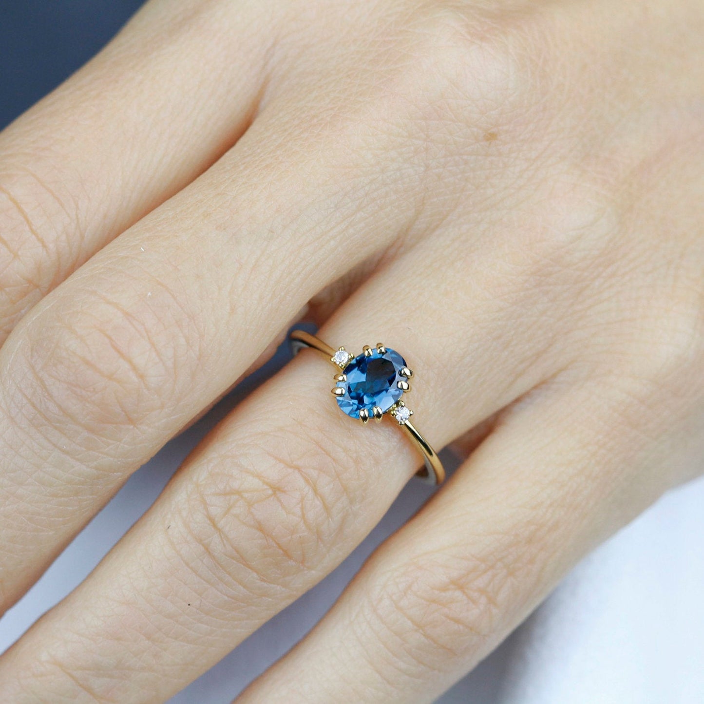 London blue topaz engagement ring oval, oval engagement ring 18k gold - NOOI JEWELRY