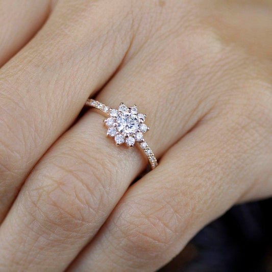 round engagement ing with halo and side stones | rose gold engagement ring round - NOOI JEWELRY