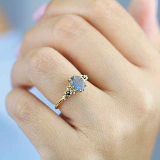 oval labradorite and black diamonds engagement ring - NOOI JEWELRY