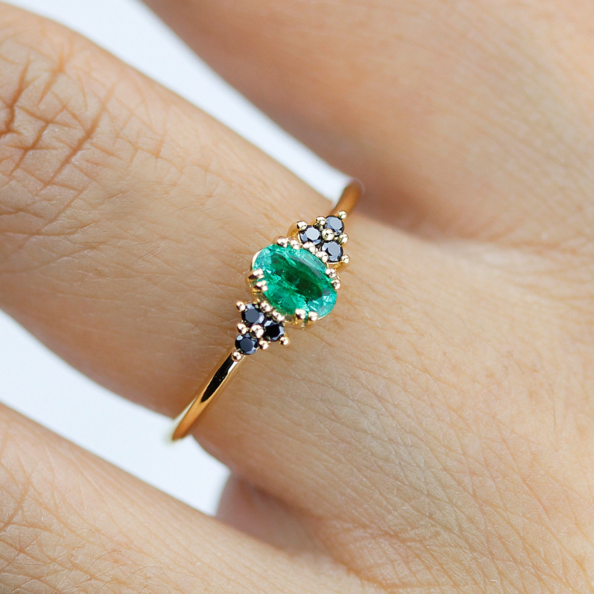 Dainty Emerald Engagement Ring Small Pear Shaped Colombian Emerald