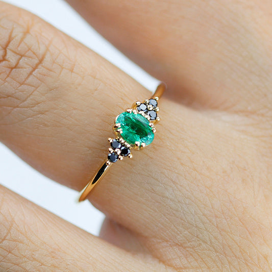 Emerald engagement ring, emerald and black diamond ring, delicate diamond ring, oval engagement ring - NOOI JEWELRY