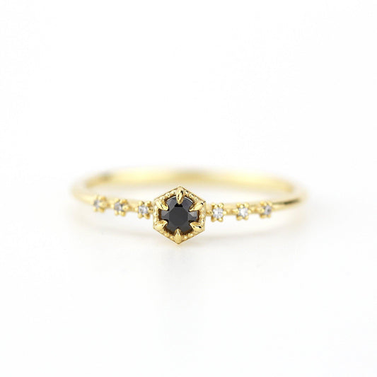 Dainty diamond ring black and white diamonds, Hexagonal engagement ring, minimal ring, minimalist ring - NOOI JEWELRY