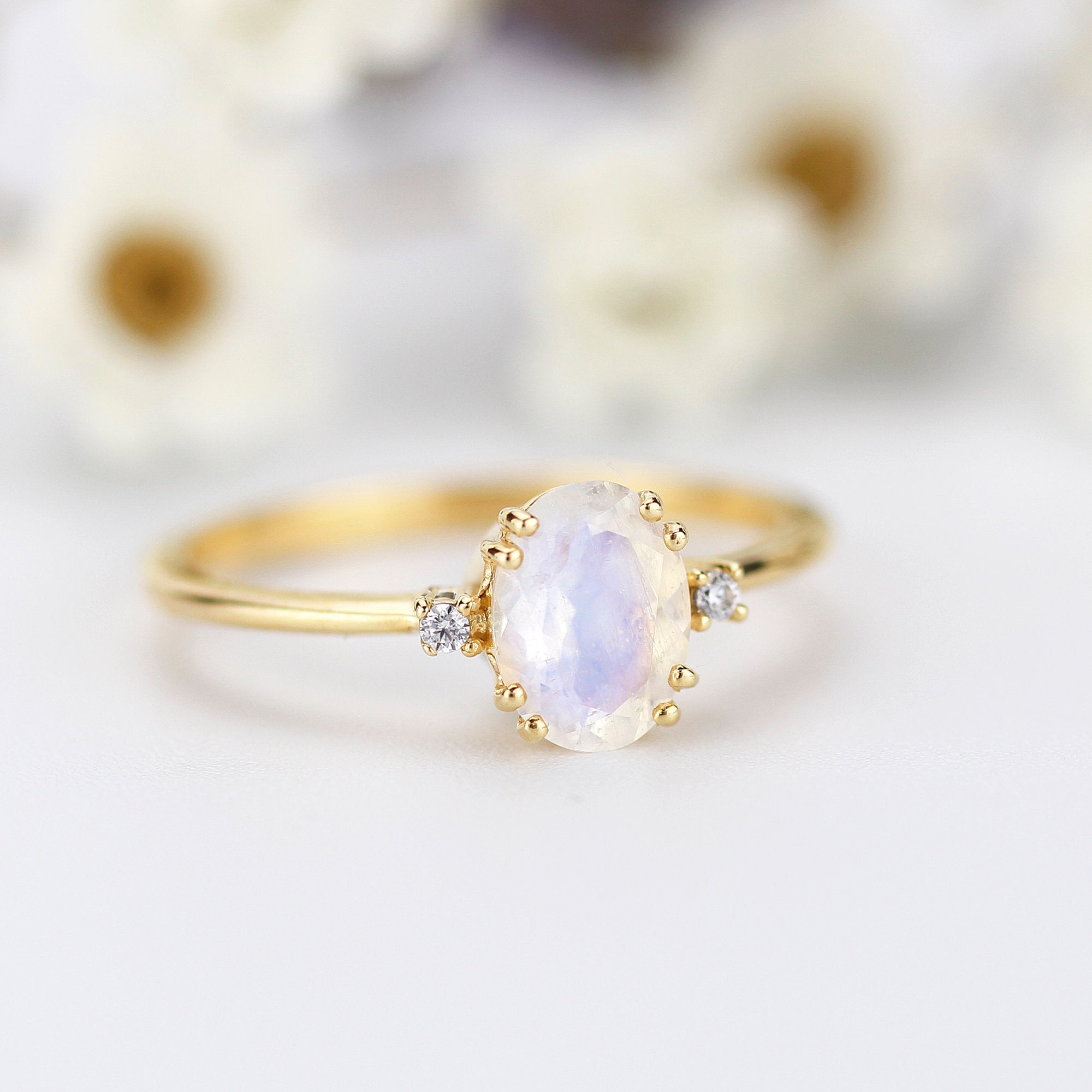 Moonstone Engagement Ring, Oval Engagement Ring, Simple ring, Delicate Ring, ClusEngagement ring Moonstone and diamonds ring