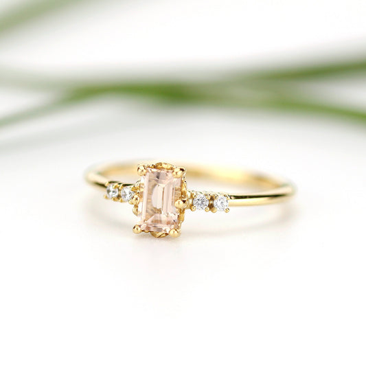 Emerald cut morganite and diamond engagement ring, simple cluster ring 18k gold - NOOI JEWELRY