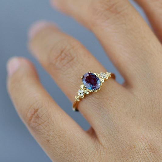 Oval Alexandrite engagement ring, 18k yellow gold, 8x6 oval alexandrite and black diamond cluster ring - NOOI JEWELRY