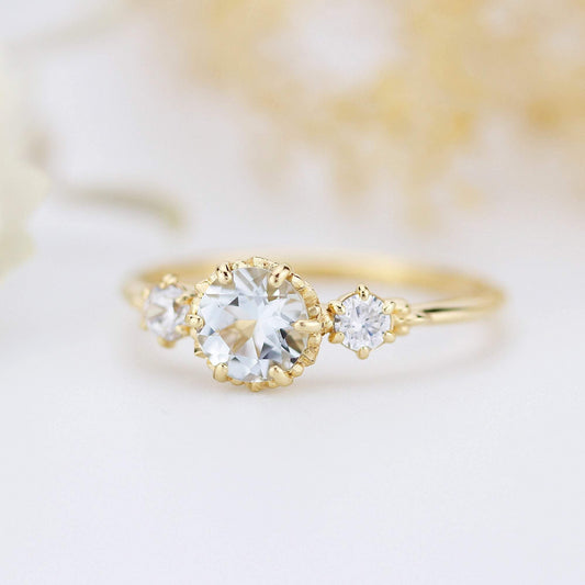 aquamarine three stone engagement ring, petal setting aquamarine ring - NOOI JEWELRY
