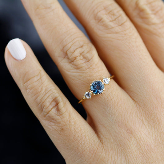 Unique three stone ring London blue topaz and diamonds engagement ring - NOOI JEWELRY