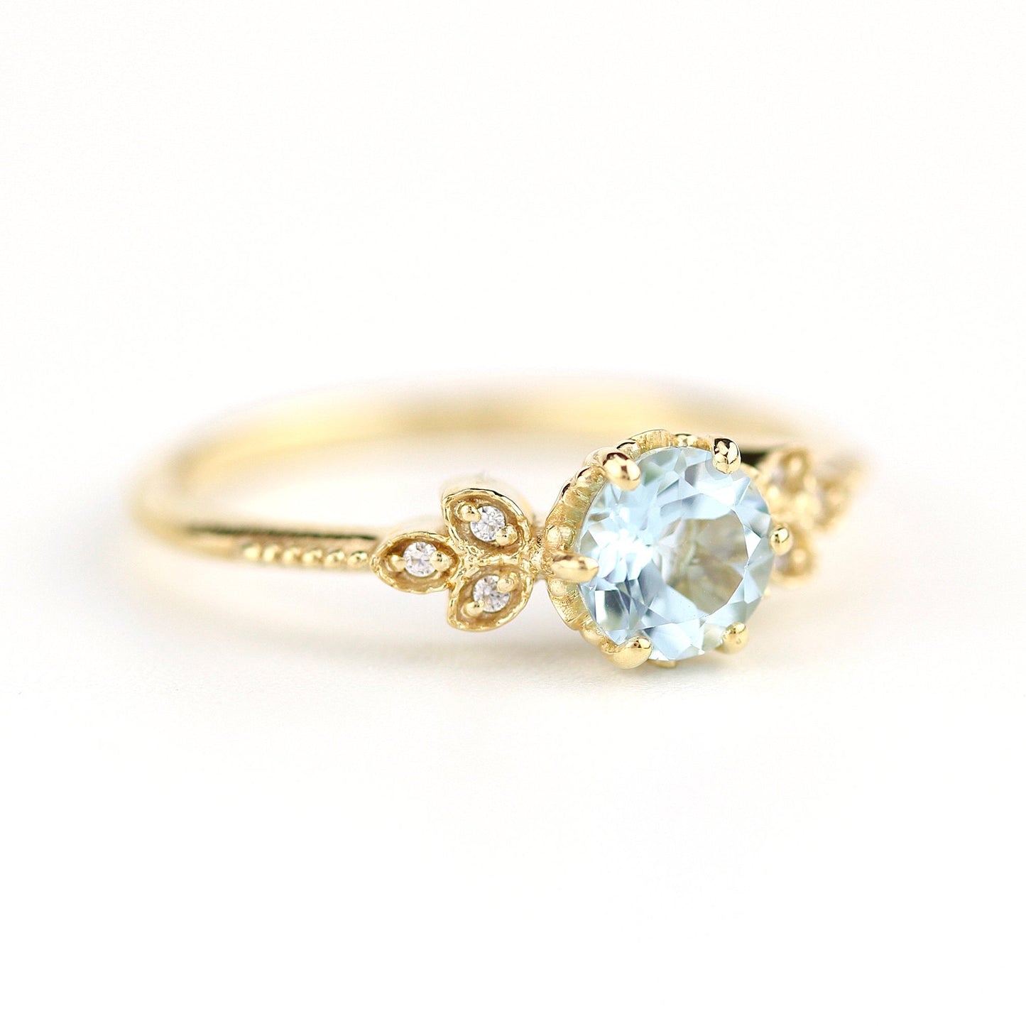 Sky blue topaz engagement ring vintage, marquise diamond setting on the side - NOOI JEWELRY