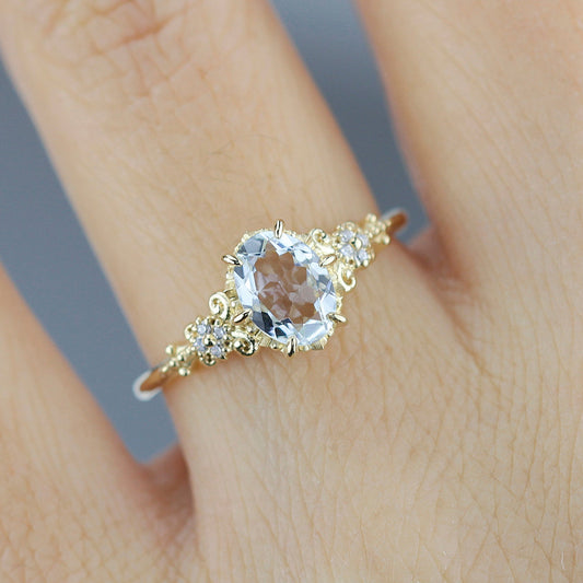 Oval engagement ring aquamarine, cluster ring aquamarine - NOOI JEWELRY