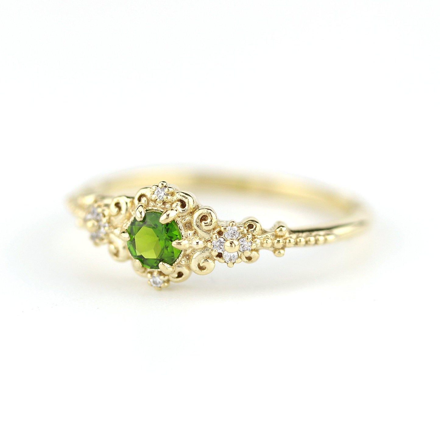 Art deco engagement ring natural chrome diopside and diamonds - NOOI JEWELRY