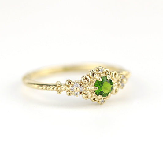 Art deco engagement ring natural chrome diopside and diamonds - NOOI JEWELRY