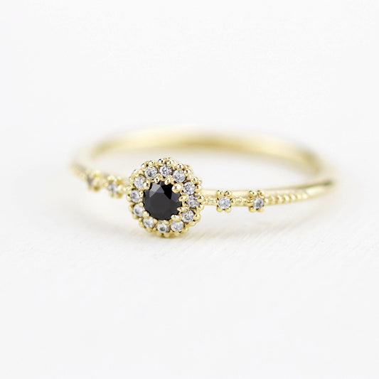 Simple engagement ring, diamond halo ring, unique black diamond ring | R 304 BD - NOOI JEWELRY